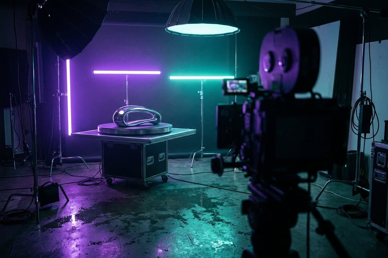 Produktfotografie-Setup mit Softboxen im Studio, KI-gestützt erstellt