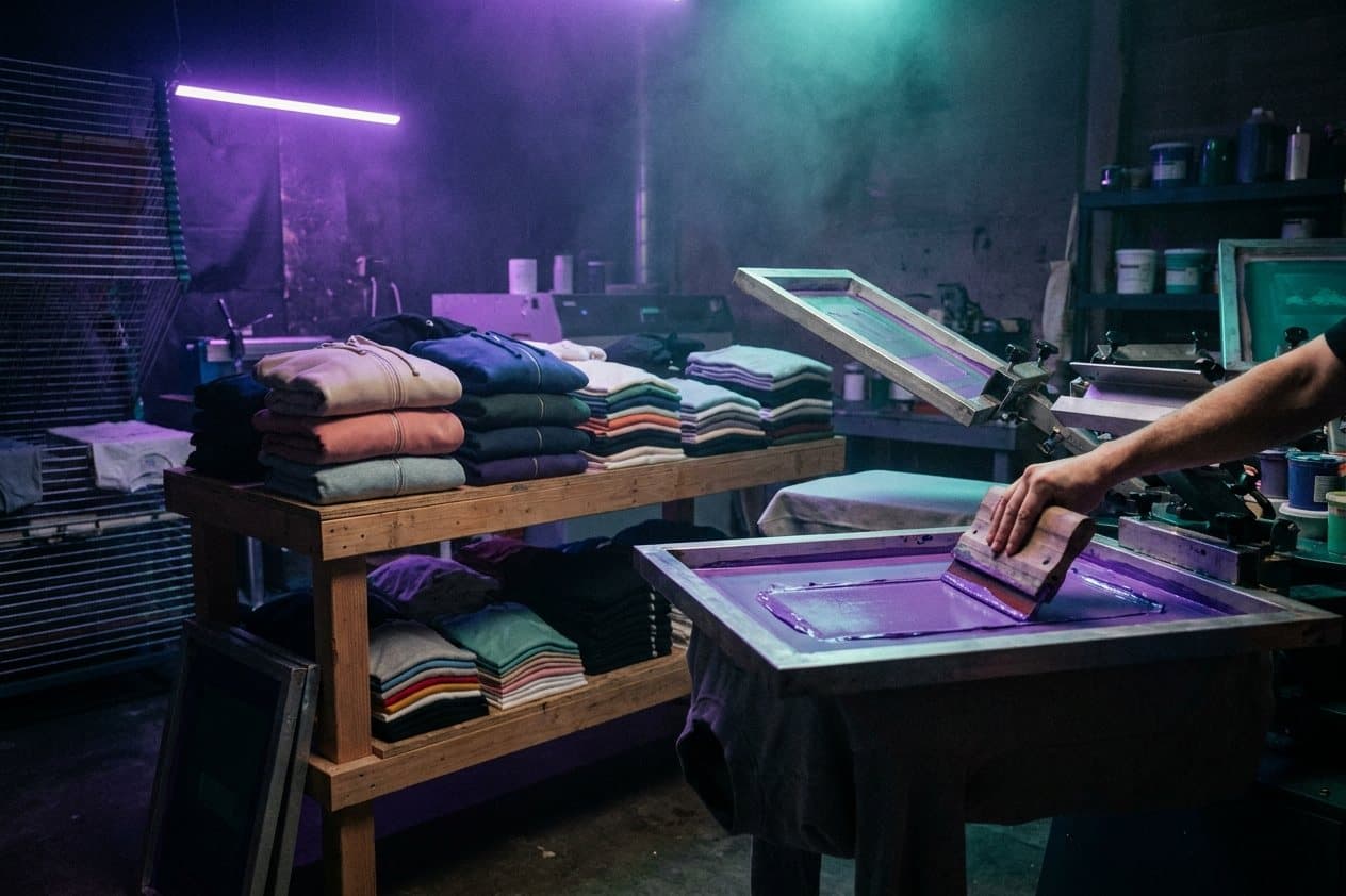 Frisch bedruckte T-Shirts in einer Textildruck-Werkstatt (Symbolbild, KI-gestützt erstellt)