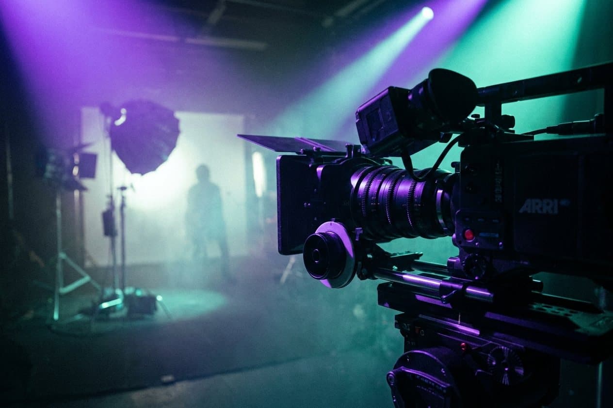 Kamera-Rig am Filmset mit beleuchtetem Hintergrund, KI-gestützt erstellt