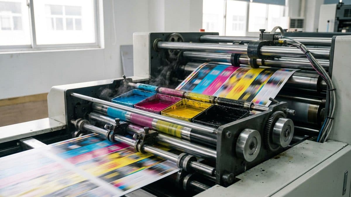Offsetdruckmaschine im Betrieb (Bild KI-gestützt erstellt)