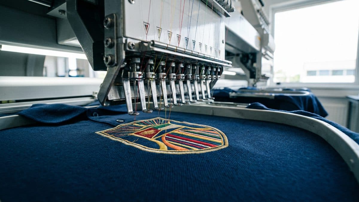 Stickmaschine bestickt ein Polohemd (Bild KI-gestützt erstellt)