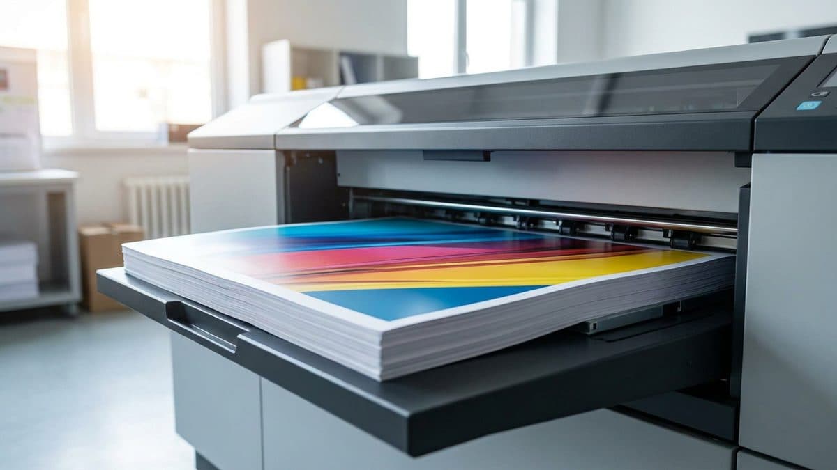 Produktionsdrucker gibt Bogen aus (Bild KI-gestützt erstellt)